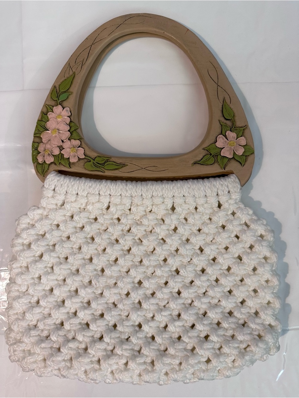 Handmade  White Crochet Tote with Floral Wooden Handles